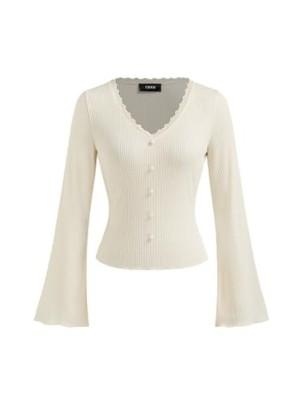 Ribbed Knit Cardigan with Bell Sleeves and Lace Trim